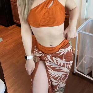 NWOT - Aprilake orange tropical print 3-piece bikini set with midi skirt - small